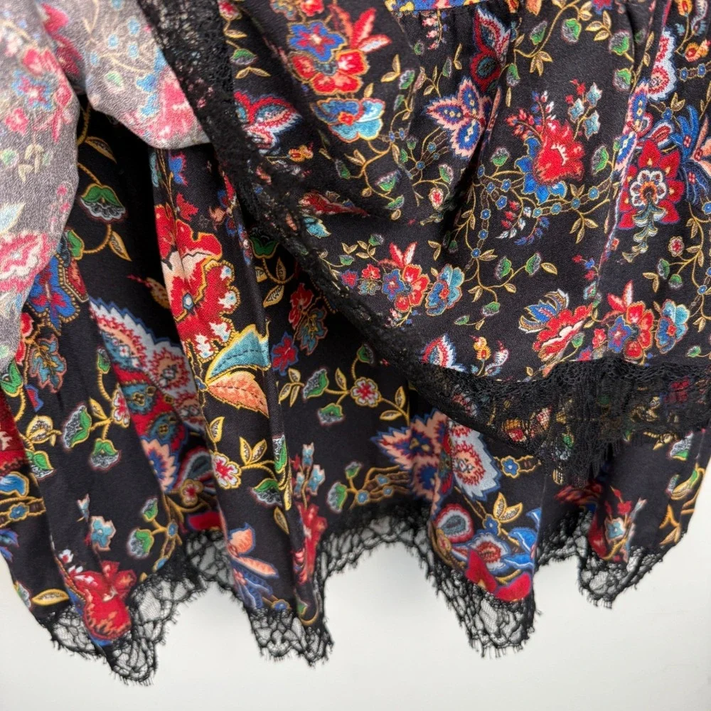 Alice + Olivia Lakita Floral Lace Trim Boho‎ Dress Black Multicolor Tiered Large - Picture 12 of 16